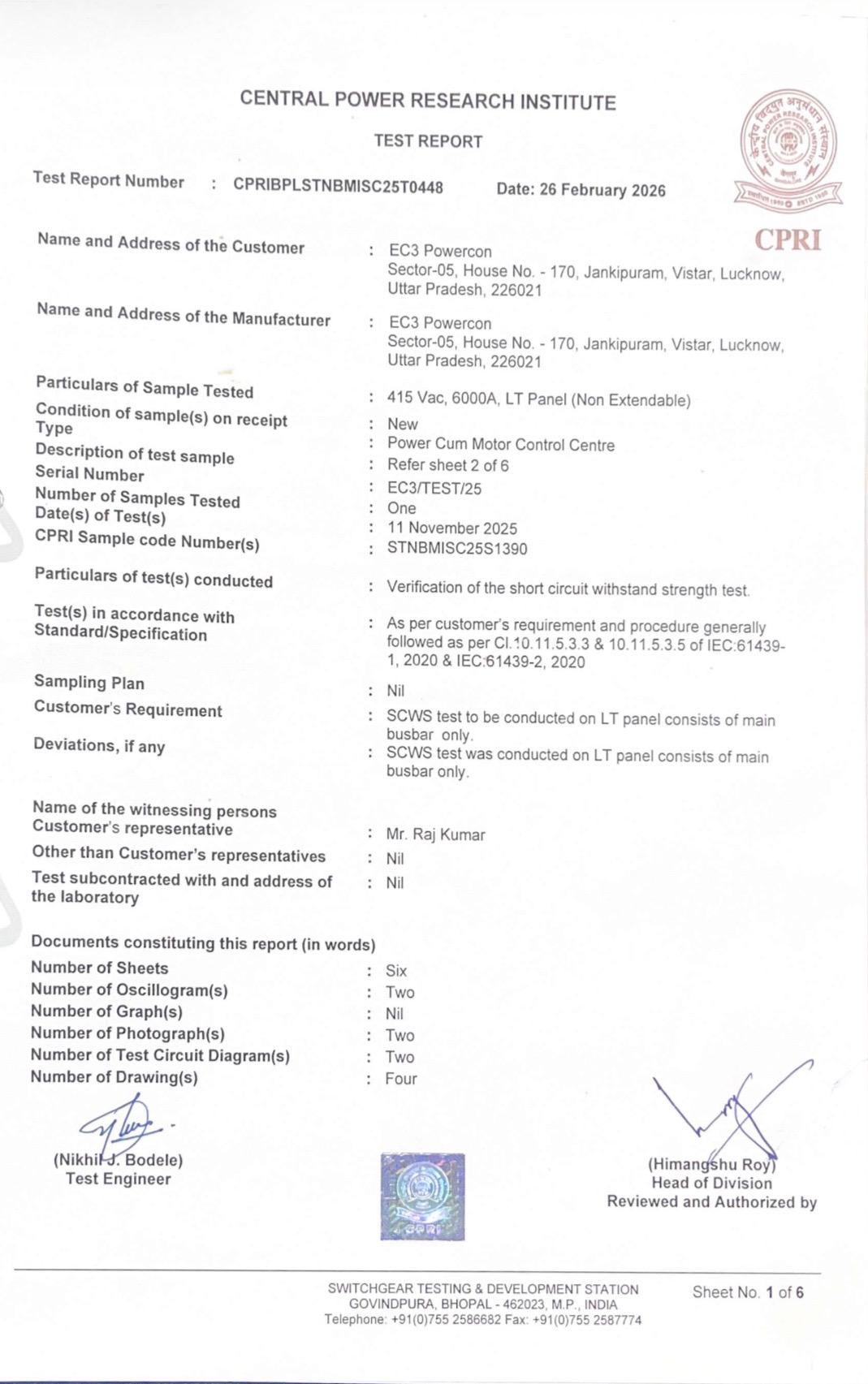 EC3 POWERCON CPRI Test Report Certificate